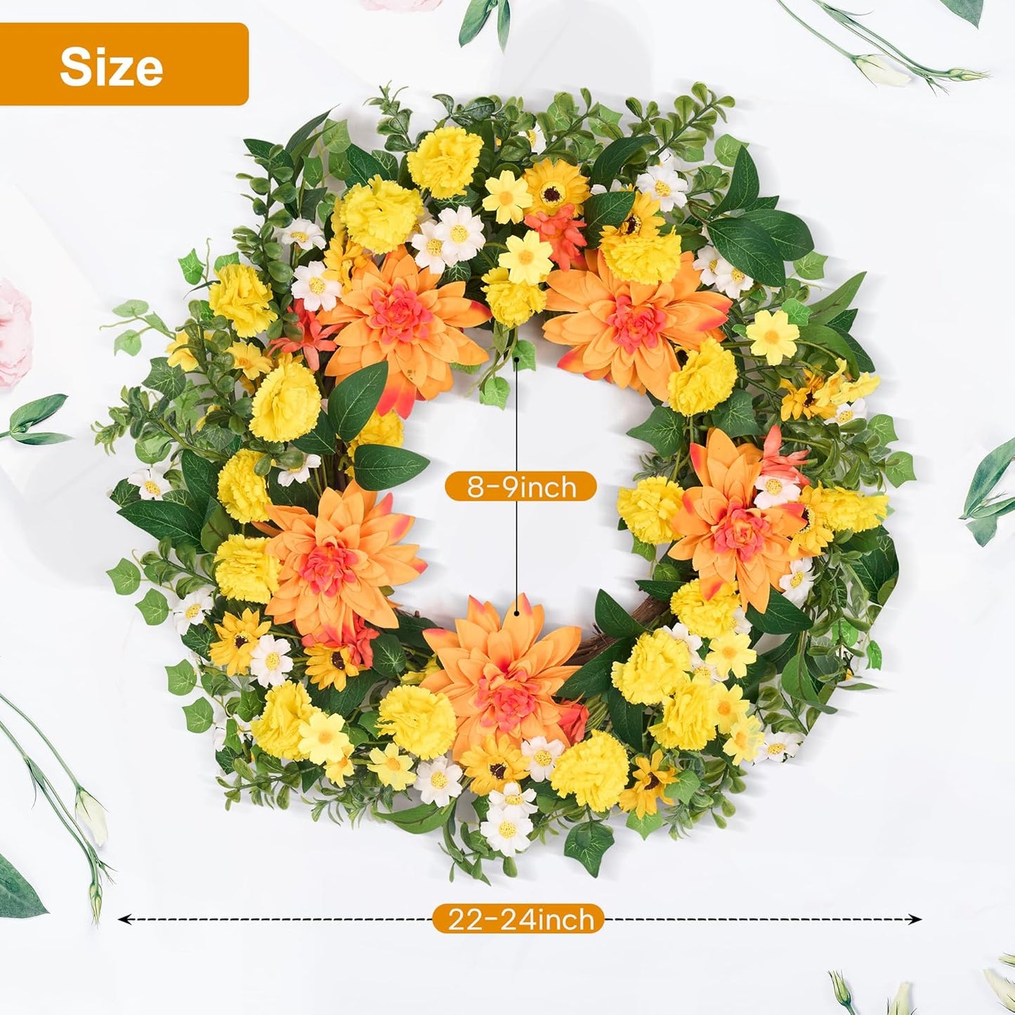 GENMOUS 24Inch Fall Wreaths for Front Door, Autumn Wreath with Dahlias and Daisy, Flower Wreath Home Decor for Autumn Thanksgiving Farmhouse Indoor Wall Window Garden Porch Fall Decor