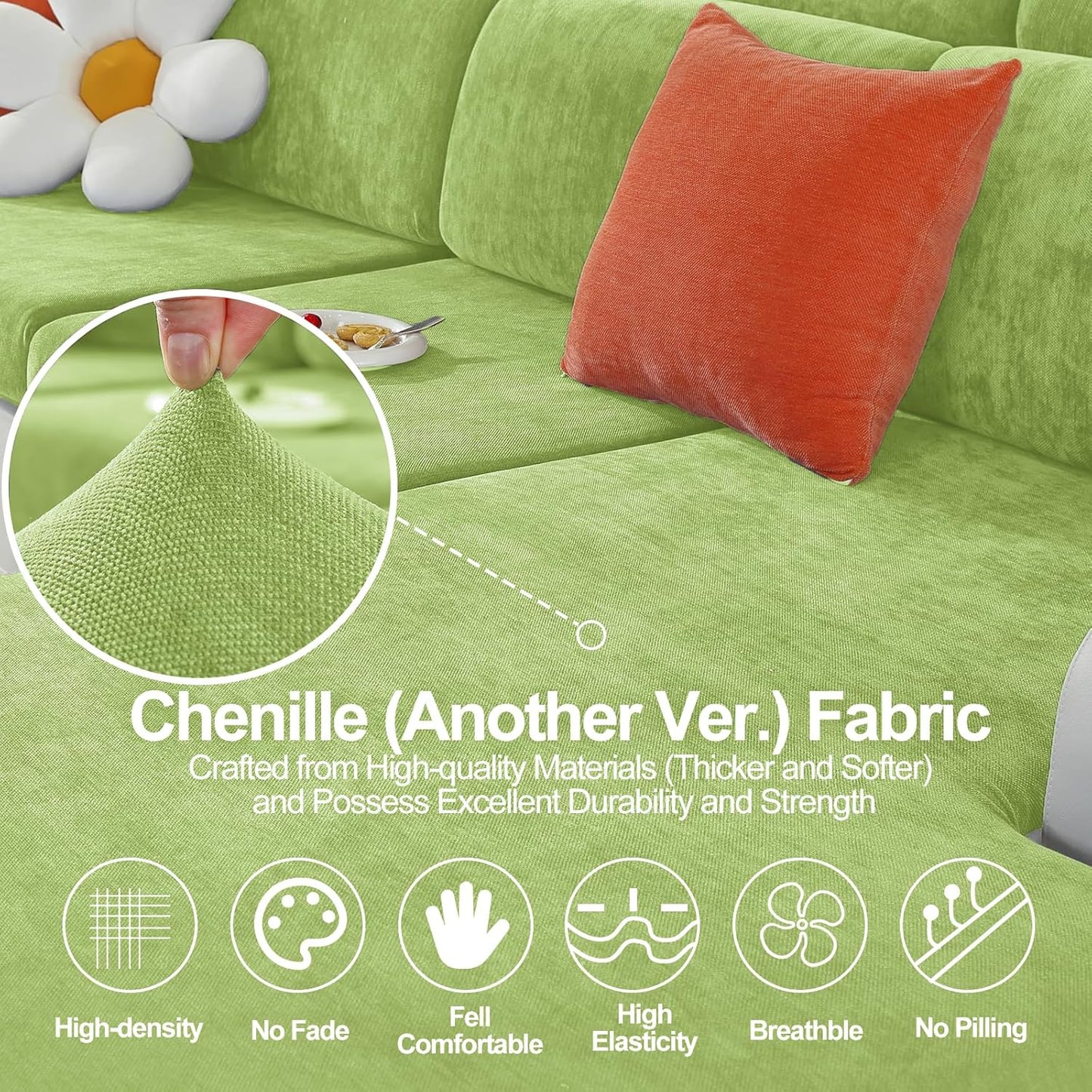 Couch Cushion Covers Individual Large Super Stretch Chenille (Softer Version) Sofa Cushion Covers, Couch Seat Covers Couch Slipcovers Furniture Protector (3PC, Green)