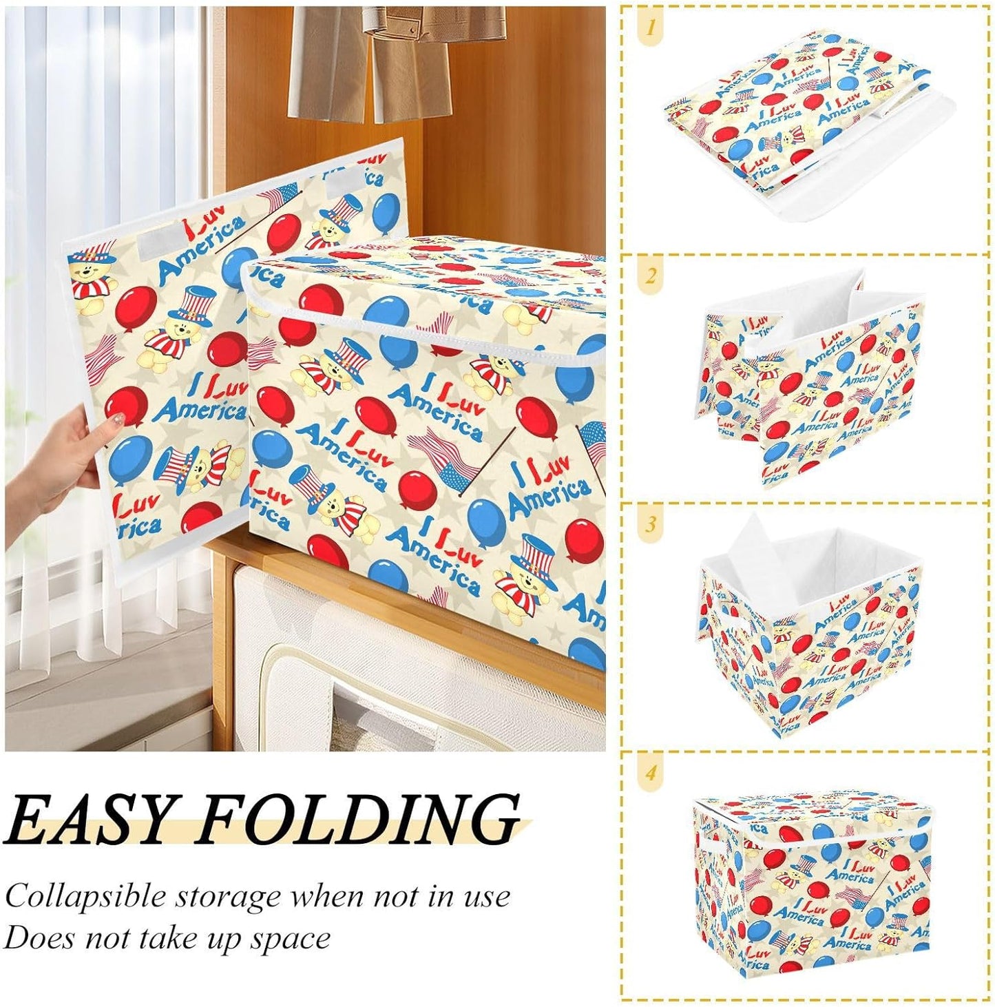 susiyo Classical American Pattern fabric storage baskets with lids,Collapsible Storage Boxes,Foldable storage boxes with handles for Home,Office,Closet Organization