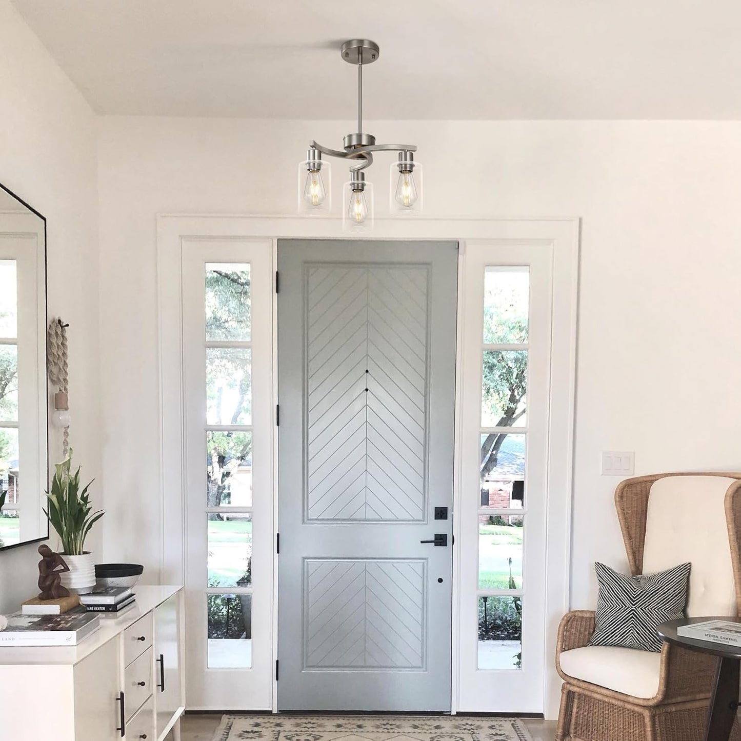 3-Light Brushed Nickel Dining Room Light Fixture,Modern Kitchen Chandeliers Over Table，Adjustable Height Industrial Hanging Pendant Lights for Kitchen Island with Glass Shade