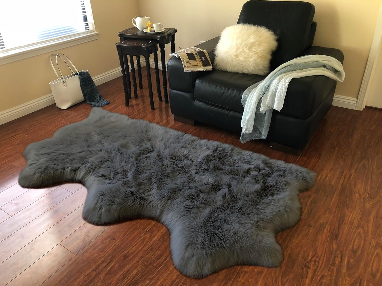 LAMBZY Faux Sheepskin Super Soft Hypoallergenic Free Shape Silky Shag Rug, Luxury Shaggy Plush Carpet for Bedrooms Living Kids Room Sofa Rugs (Dark Grey, Triple Side by Side 3'x6')