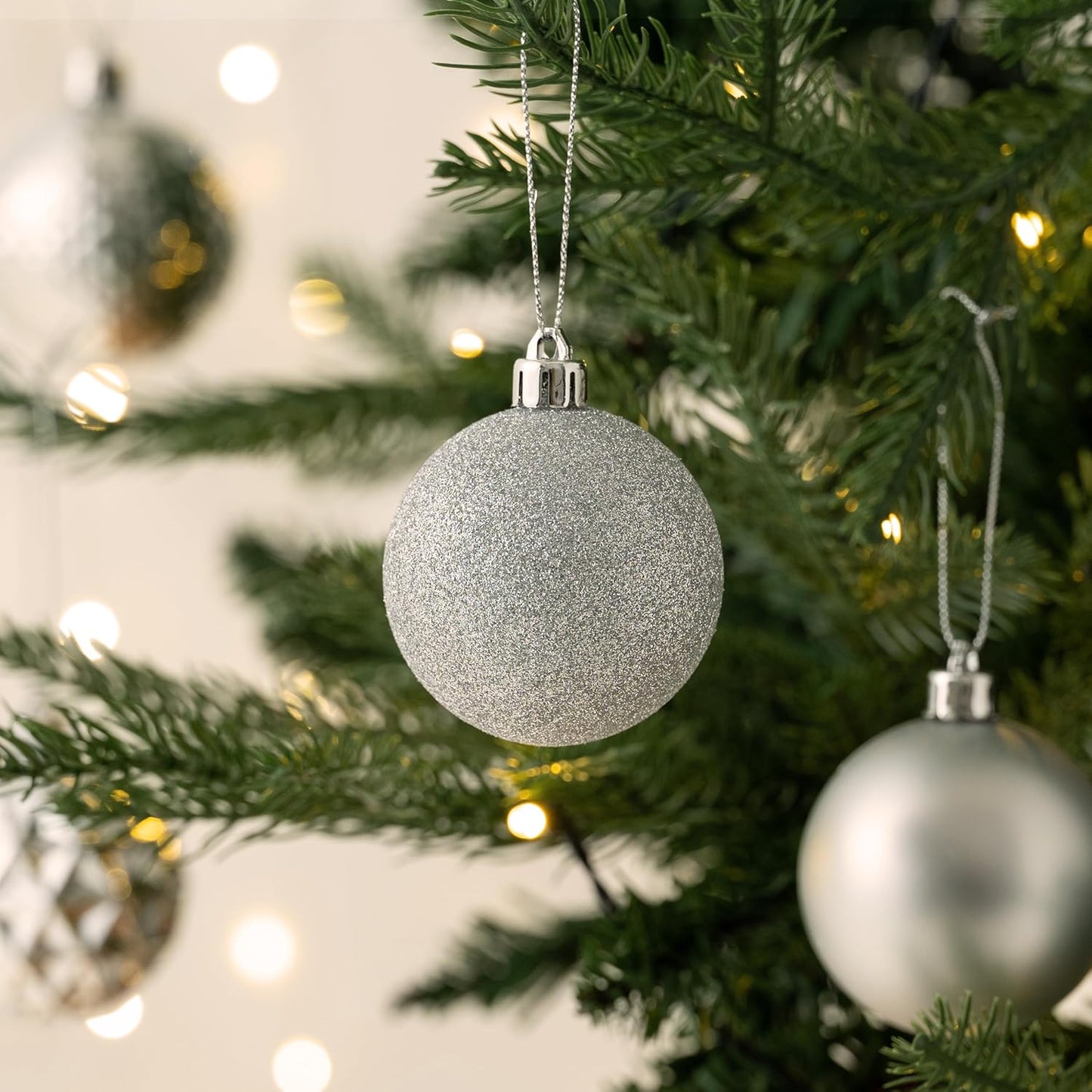 Valery Madelyn Christmas Tree Decorations Ornament Set for Fall Halloween, 50ct 2.36 Inches Silver Shatterproof Christmas Ball Ornaments Hanging Xmas Holiday Party Decor