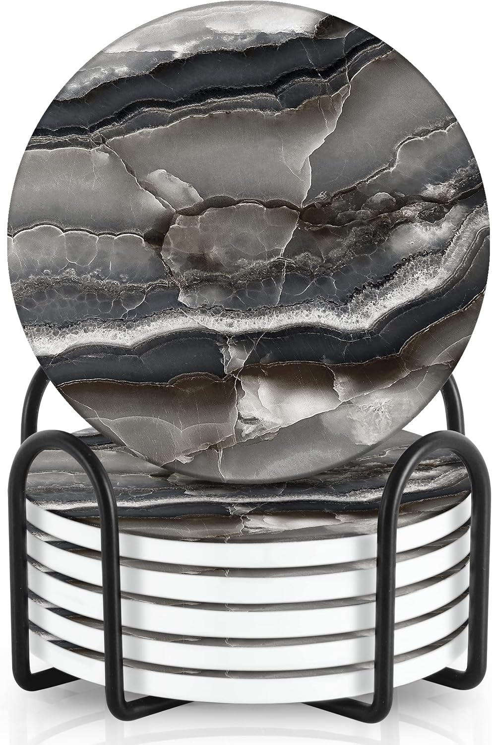 Emerson Essentials Coasters for Drinks Absorbent with Holder, Set of 6, Cork Backing Ceramic Stone Marble Style for Wooden Coffee Bar Tables, Glass Tabletop Non Slip, with Stand