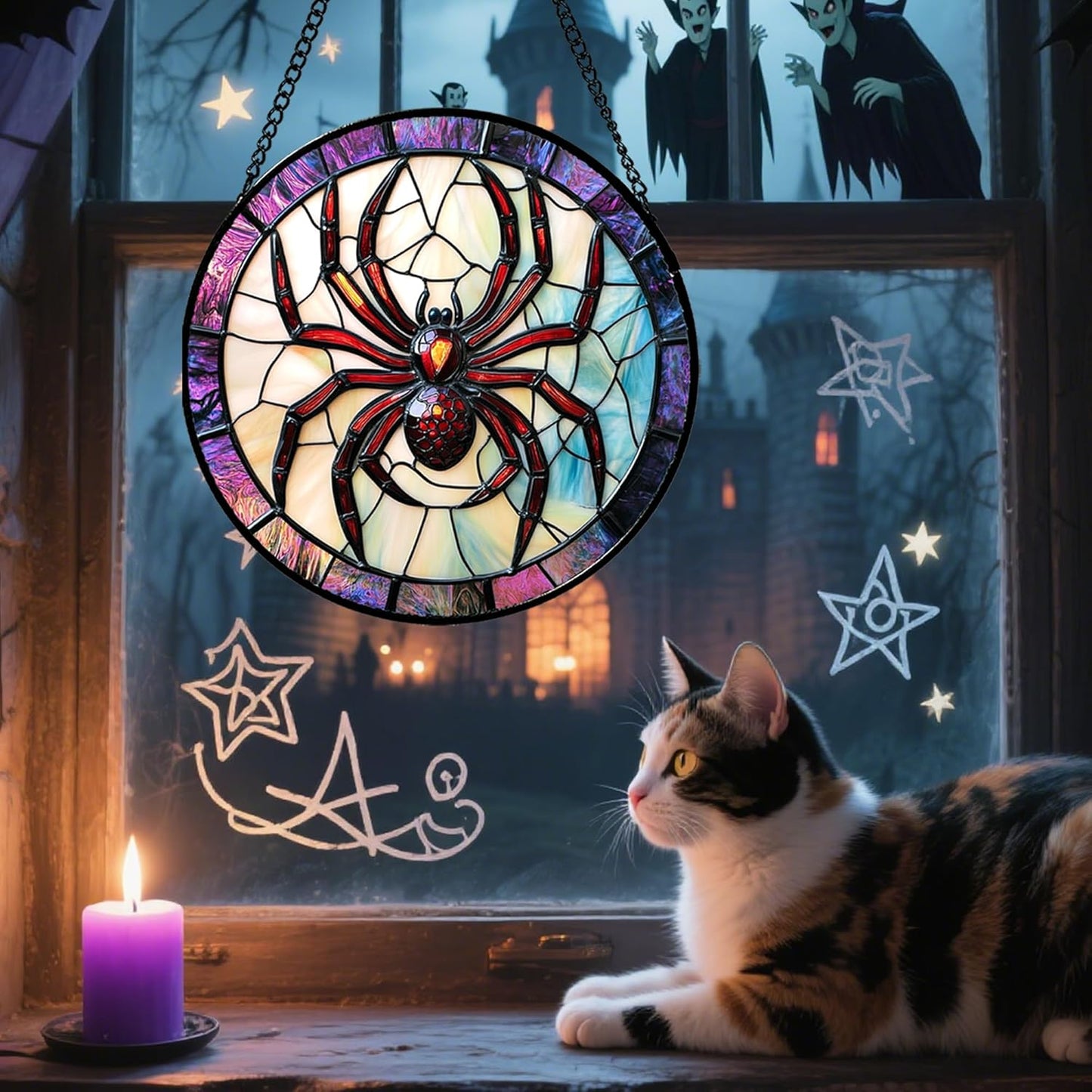 Stained Glass Window Hanging - Halloween Decorations Red Spider Goth Suncatcher for Doors Garden Indoor Funny Spooky Sun Catchers Gothic Decor Horror Gifts for Women Men Friend 15 in