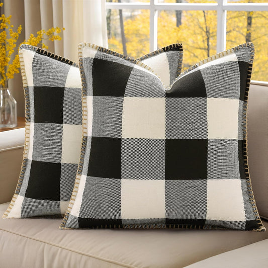 decorUhome Buffalo Plaid Check Throw Pillow Covers 20x20 Set of 2, Outdoor Decorative Farmhouse Neutral Pillow Covers with Stitched Edge for Bed Couch Sofa, Black and White