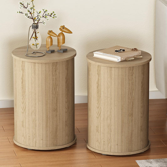 Round Fluted End Table for Living Room, Modern Wooden Sofa Couch Side Table for Small Spaces, 21.9" H Nightstand Set of 2 for Bedroom (Oslo Oak)