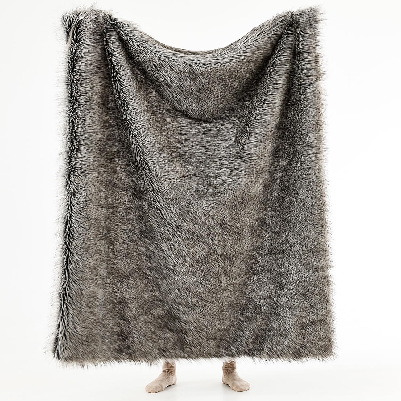 HORIMOTE HOME Luxury Plush Faux Fur Throw Blanket, Long Pile Grey with Black Tipped Blanket, Super Warm, Fuzzy, Elegant, Fluffy Decoration Blanket for Couch, Armchair, Sofa and Bed, 60''x 80''