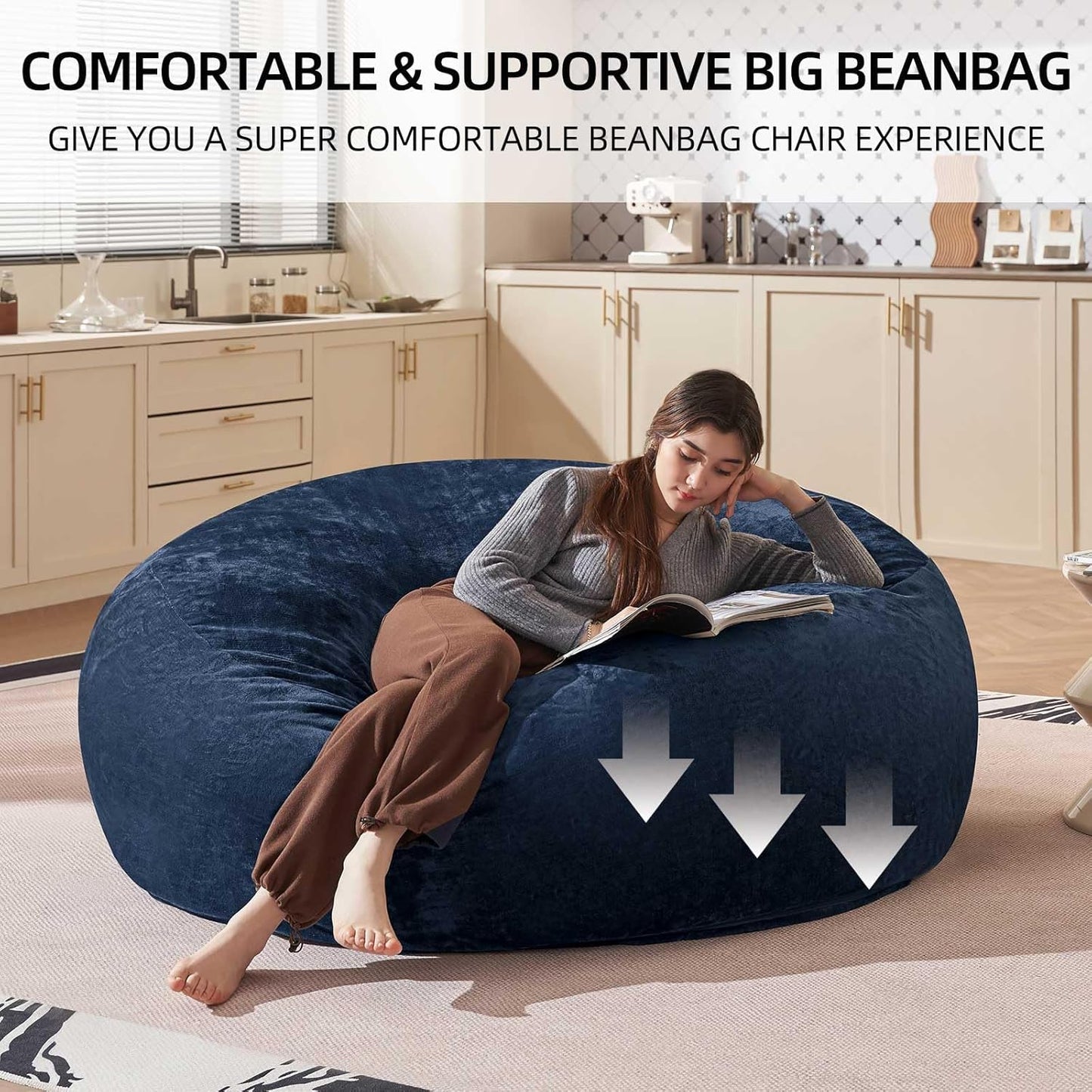 Bean Bag Chair 5Ft, Memory Foam Filled, Large Beanbag Chairs for Adults and Teens, Soft Sofa with Removable Flannel Cover, Round Couch for Living Room Bedroom College Dorm (Blue, 5FT-60×60"×24")