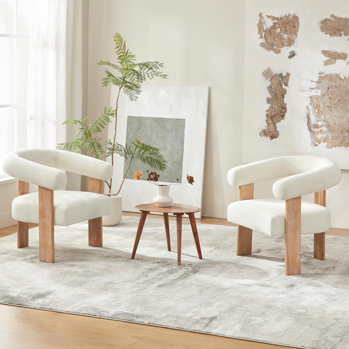 VKNOW Accent Chair Living Room Chair, Modern Upholstered Armchair with Solid Wood Legs, Comfy Barrel Arm Chairs for Living Room Bedroom, Cream