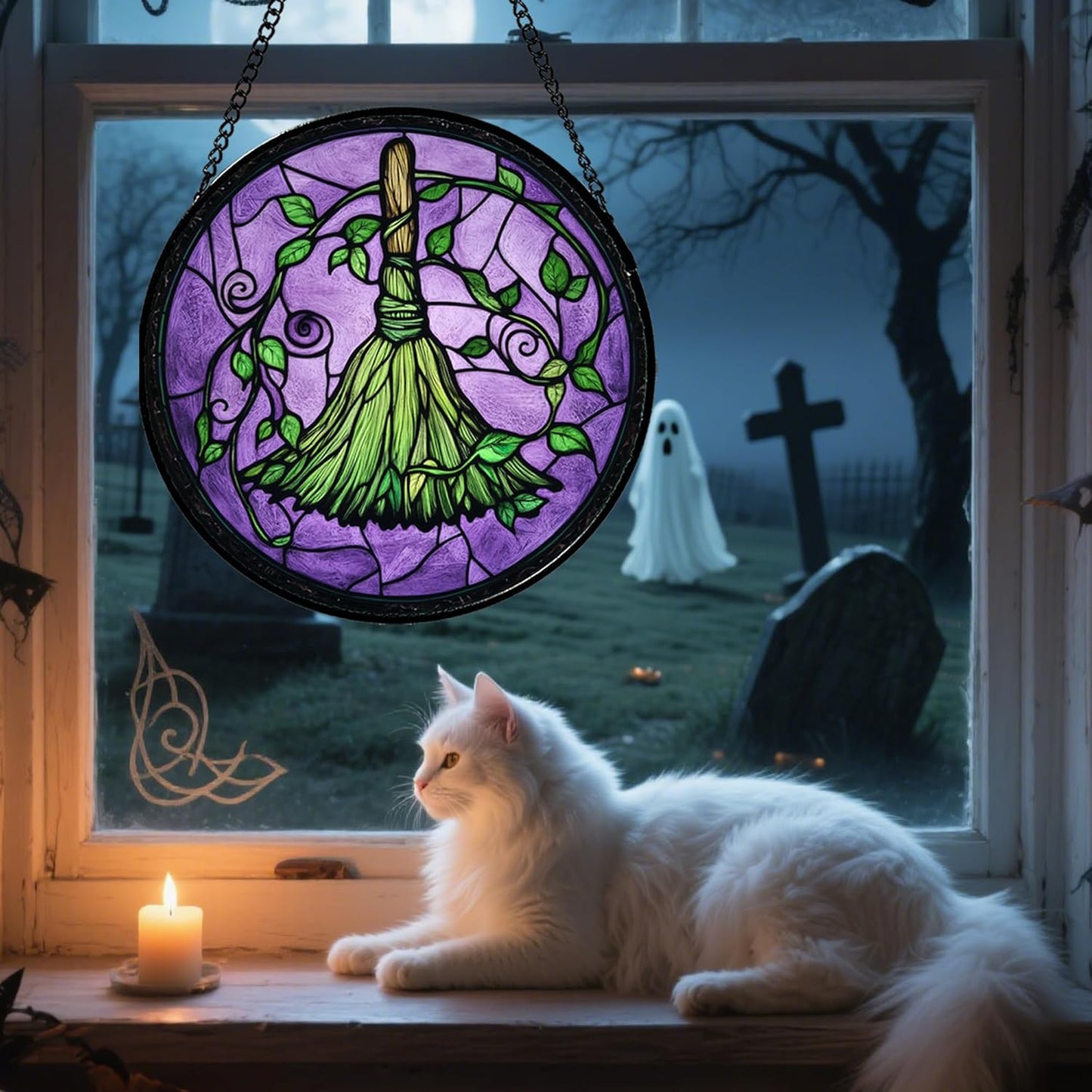 Stained Glass Window Hanging - Halloween Decorations Witch Magic Broom Suncatcher for Doors Garden Indoor Funny Spooky Sun Catchers Gothic Decor Horror Gifts for Women Men Friend 11.8 in