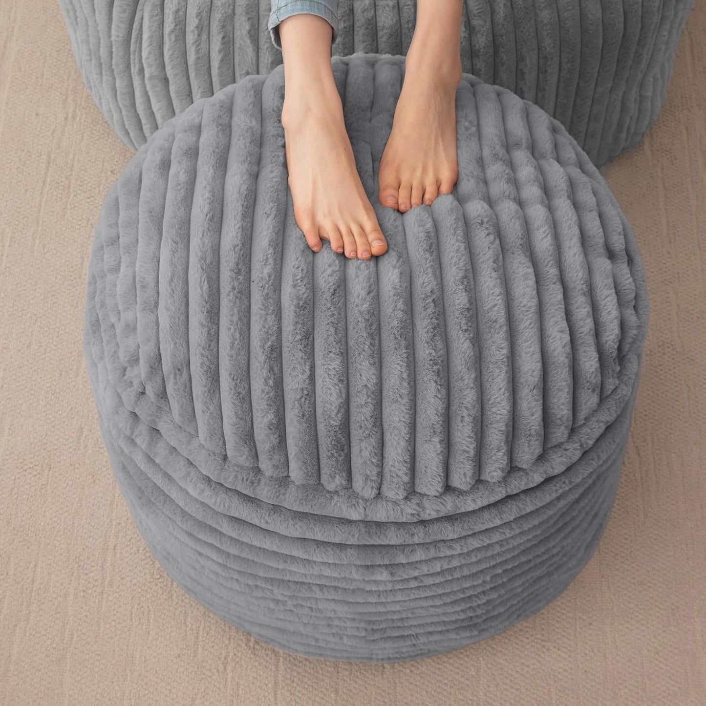 HIGOGOGO Round Stuffed Pouf Ottoman, Stripe Faux Fur Poufs with Foam Chunk Filling, Furry and Fluffy Pouf Foot Stool Storage Ottoman, 20 X 15 Floor Poufs Foot Rest for Living Room, Grey