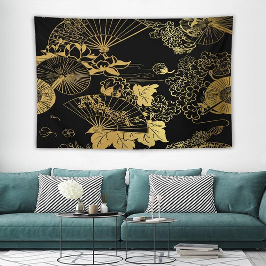 HZOHNAGO Japanese Tapestry Gold Flowers Umbrella Fan Pattern Printed Wall Tapestry Painting Wall Hanging for Bedroom Living Room Dorm 60" W x 40" H