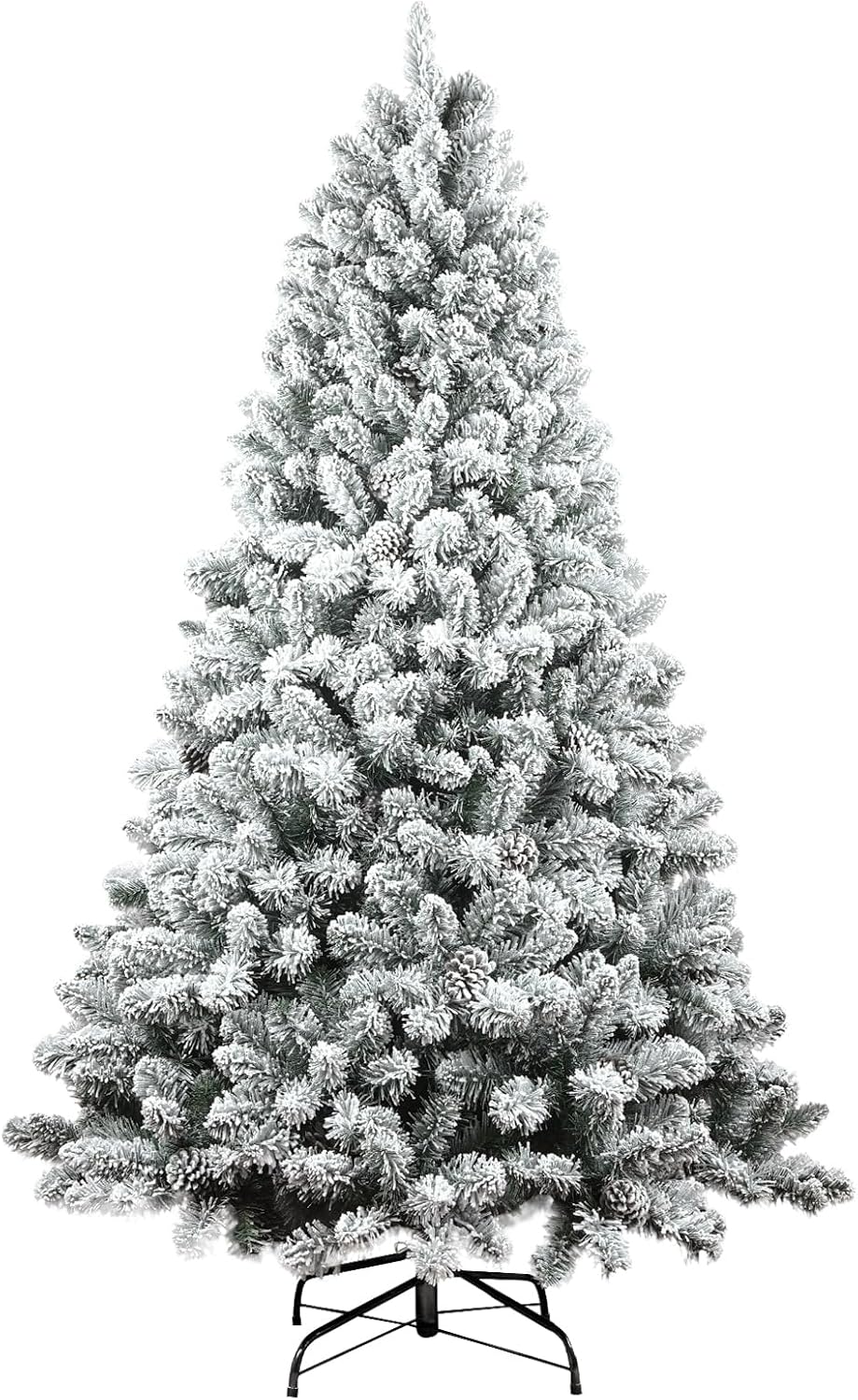 6ft Snow Flocked Christmas Tree, Unlit Artificial Holiday Christmas Pine Tree, Hinged Xmas Tree with Pine Cone, Full Appearance Snowy w/Easy Assembly, Metal Stand