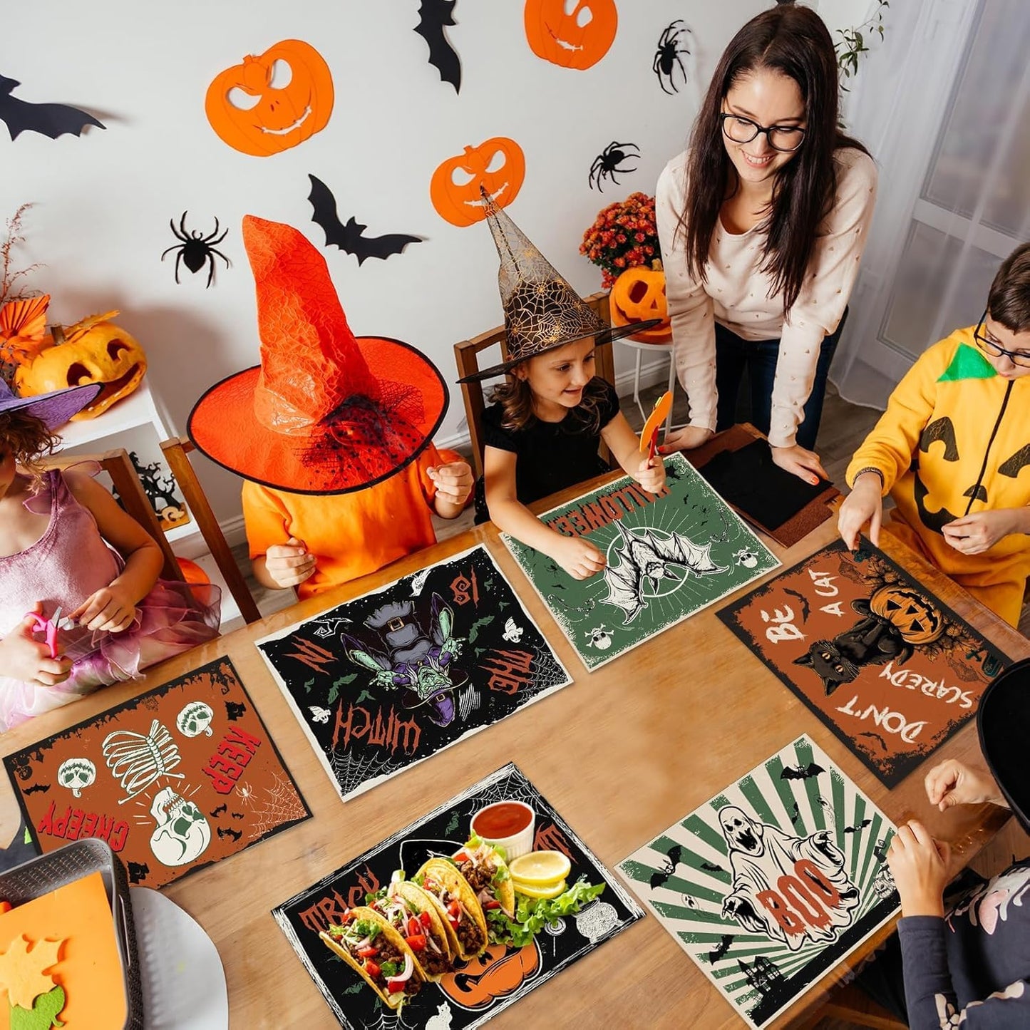Halloween Placemats Set of 6 Vintage Plastic Table Mats Black Cat Place Mats Washable Ghost Witch Bat Rectangle Skull Table Decoration for Indoor Outdoor Party Kitchen Dining