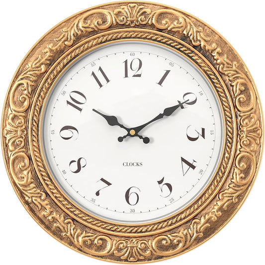 Menterry European Vintage Decorative Wall Clock, 12" Antique Gold Style, Battery Operated Wall Clocks for Kitchen, Bedroom, Farmhouse, Bathroom, Offices