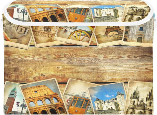 susiyo Vintage Parisian Attractions fabric storage baskets with lids,Collapsible Storage Boxes,Foldable storage boxes with handles for Home,Office,Closet Organization