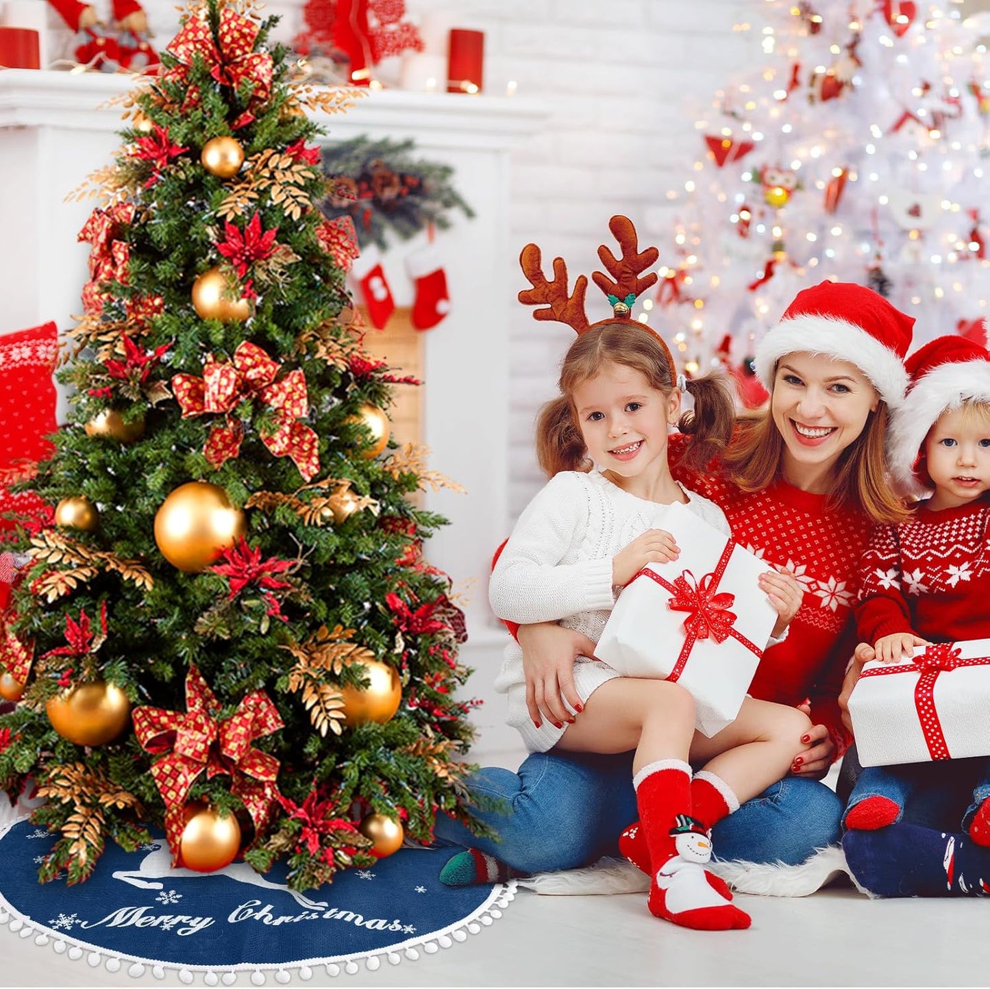 30 Inch Christmas Tree Skirt, Burlap Blue Christmas Rustic Tree Skirt with Elk Deer and White Snowflake Printed for Holiday Party Xmas Tree Decoration