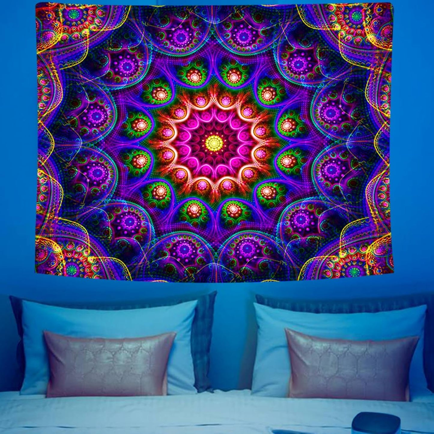 Blacklight Trippy Mandala Tapestry, Boho Black Light Posters for Adults UV Reactive Room Decor for Bedroom Wall (40 x 30 Inches)