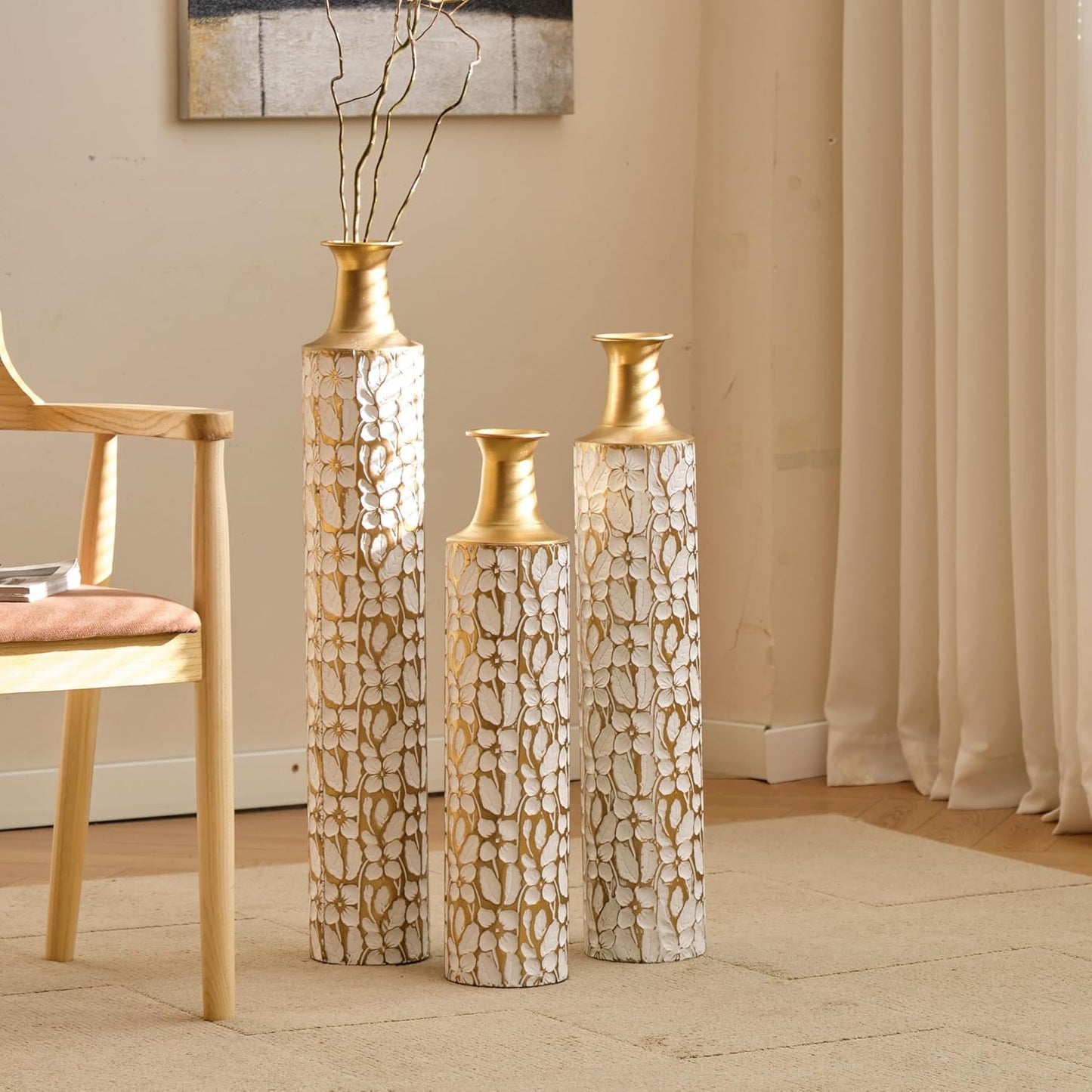 Medhansh Metal Floor Vase, Tall Floor Vase with Gold Twig Pattern, Antique White Finish (Set of 3)