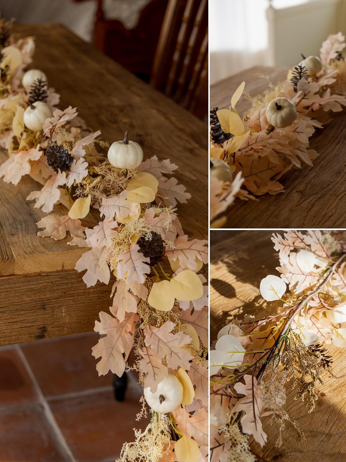 MISSPIN 6FT Boho Fall Garland, Fall Decor Autumn Maples Leaf Garland for Autumn Decor Hanging Vine for Halloween Thanksgiving Home Wedding Fireplace Party Christmas(Beige)