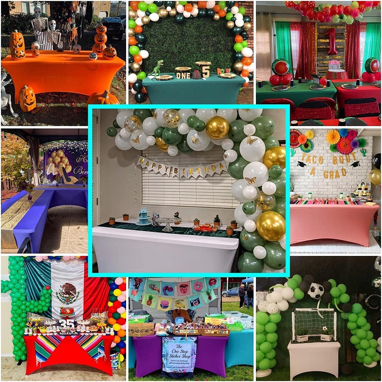 IVAPUPU 2 Pack 8FT Table Cloth for Rectangular Fitted Events Stretch Jean Blue Covers Washable Table Cover Spandex Tablecloth Protector for Party, Wedding, Cocktail, Banquet, Festival