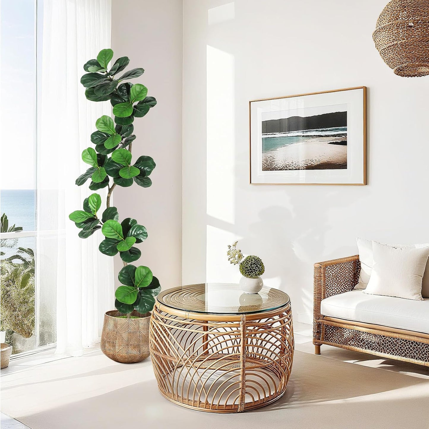 GarveeHome Fiddle Leaf Fig Artificial Tree with White Planter,7ft Faux Plants Indoor with Moss, Fake Rubber Tall Fake Floor Plant in Pot - Artificial Trees for Home Office Living Room Decor