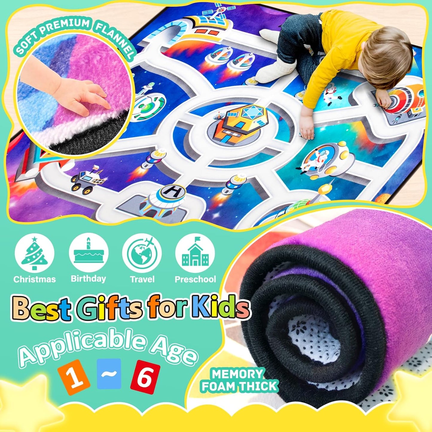 Kids Rug, Space Themed Baby Play Mat, 5x7 Ft Playroom Rug, Colorful Cartoon Outer Space, Planet, Rocket, Spaceship Road Carpet for Playroom, Educational Learning Carpet for Kids Mat