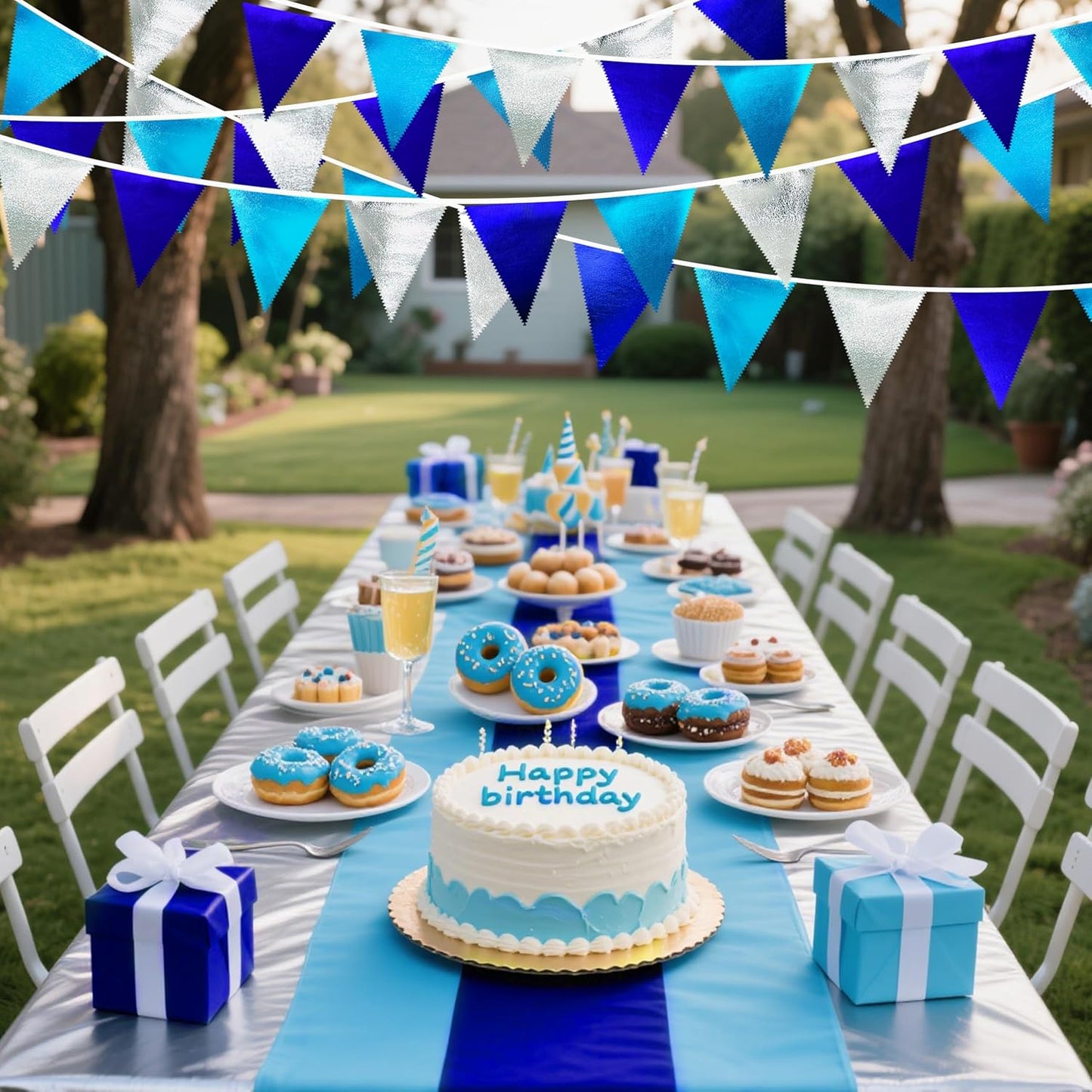 Navy Blue Silver Party Decorations Metallic Fabric Triangle Pennant Banner Flag Bunting Garland for Graduation Birthday Retirement Wedding Bachelorette Nautical Ahoy Achor Outdoor Party Supplies