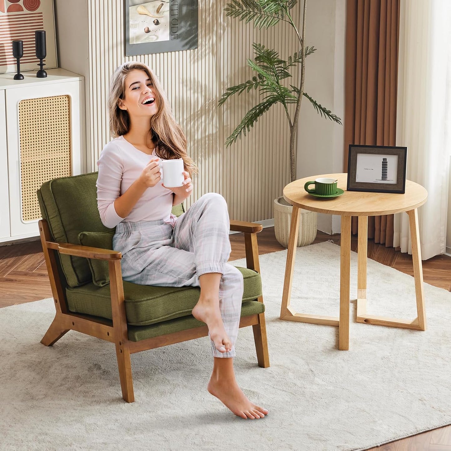 Karl home Accent Chair Wide Armrest Mid-Century Lounge Chair Linen Fabric Armchair with Lumbar Pillow & Solid Wood Frame for Living Room, Bedroom, Balcony, Green