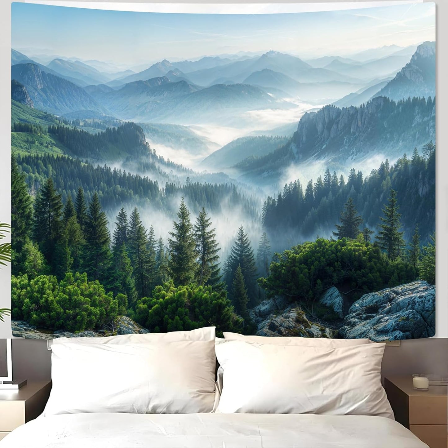 AMM Nature Forest Mountain Tapestry Green Misty Pine Tree Tapestry for Bedroom Aesthetic Foggy Woodlands Sky Landscape Tapestries Wall Hanging for Living Room Dorm 80 x 60 Inch