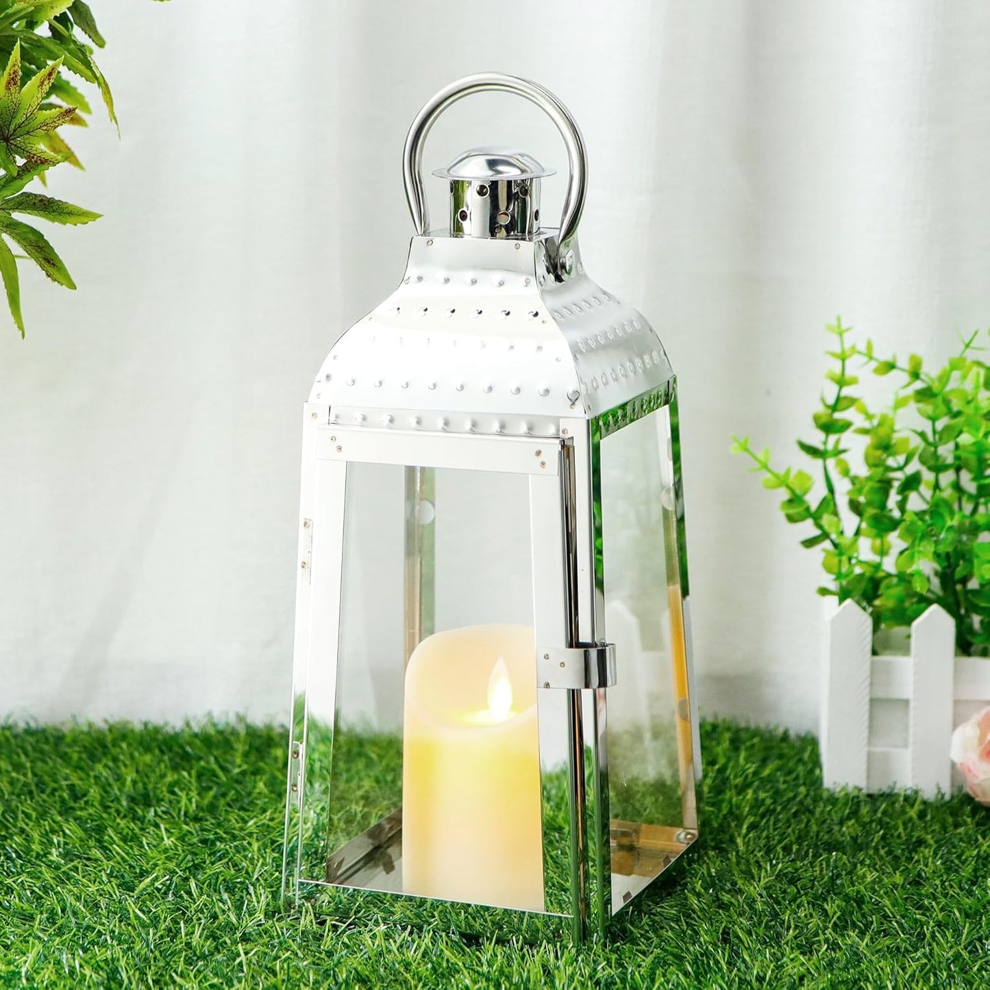 TRIROCKS Stainless Steel Candle Lanterns 12''H Decorative Candle Holders with Tempered Glass for Indoor Outdoor Porch Garden Parities and Wedding(Silver)