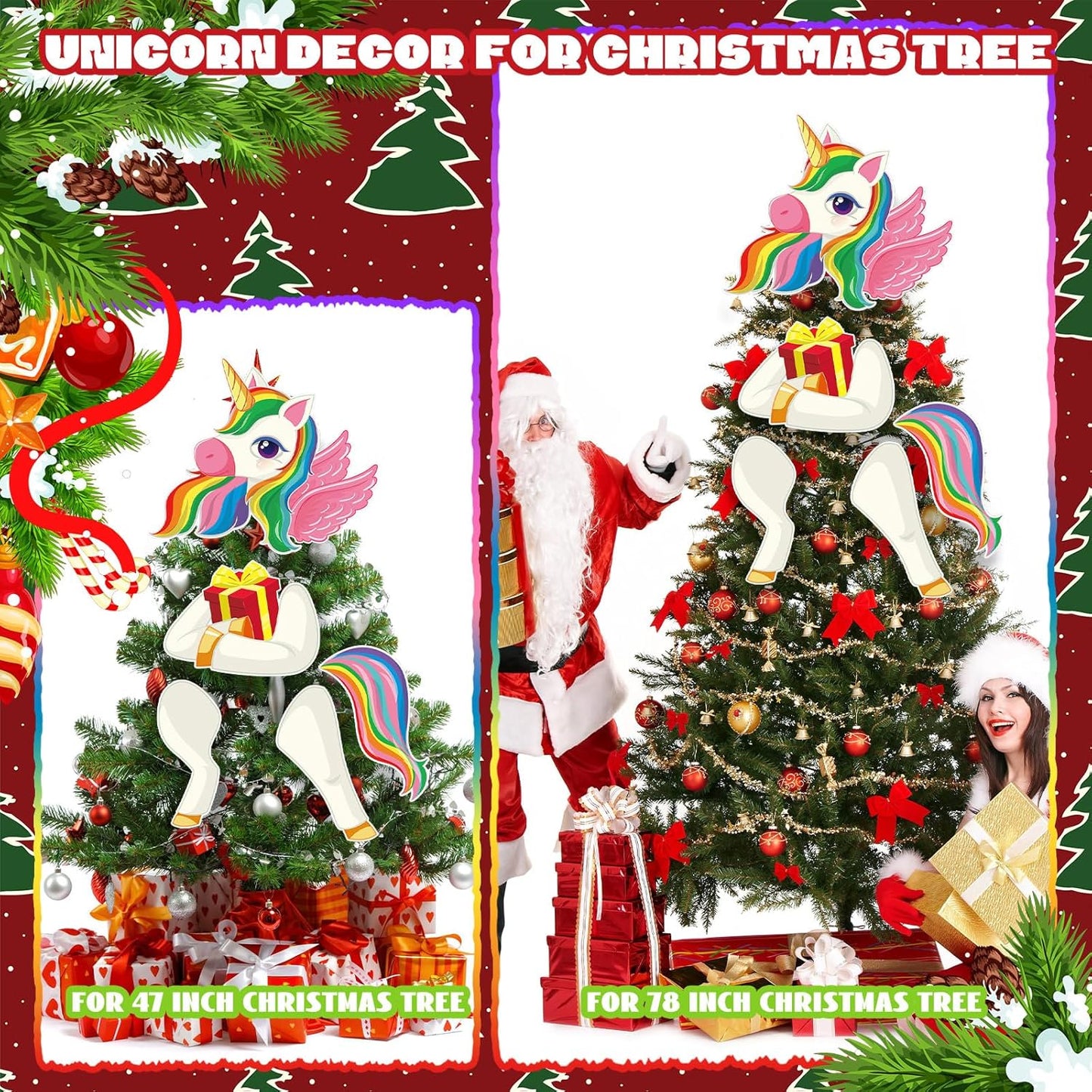Unicorn Christmas Tree Topper Xmas Colored Unicorn Party Decorative Tree Ornaments Head Hands and Tail Decor for Holiday Christmas Indoor Home Decorations Party Supplies