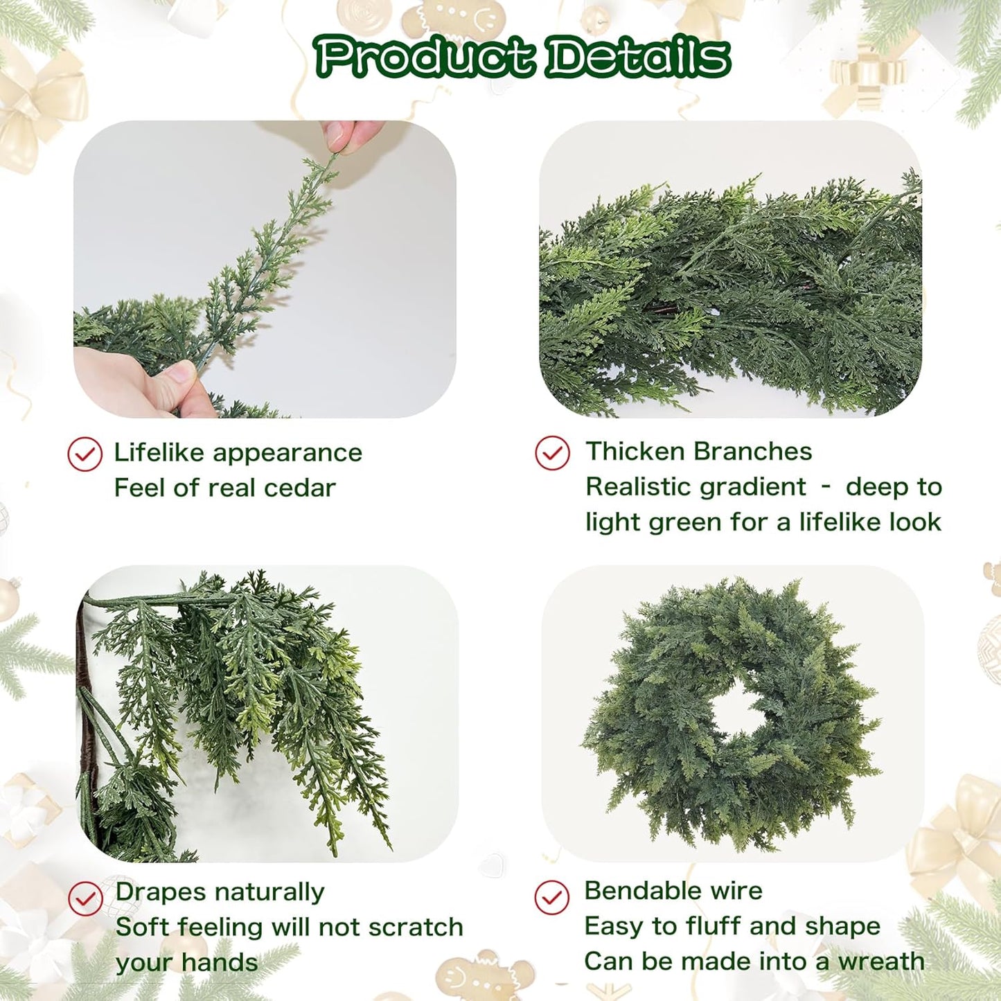 2Pcs 9FT Christmas Cedar Garland Artificial Real Touch Thickness Realistic Greenery Pine Garland for Mantle Fireplace Outdoor Indoor Christmas Decorations