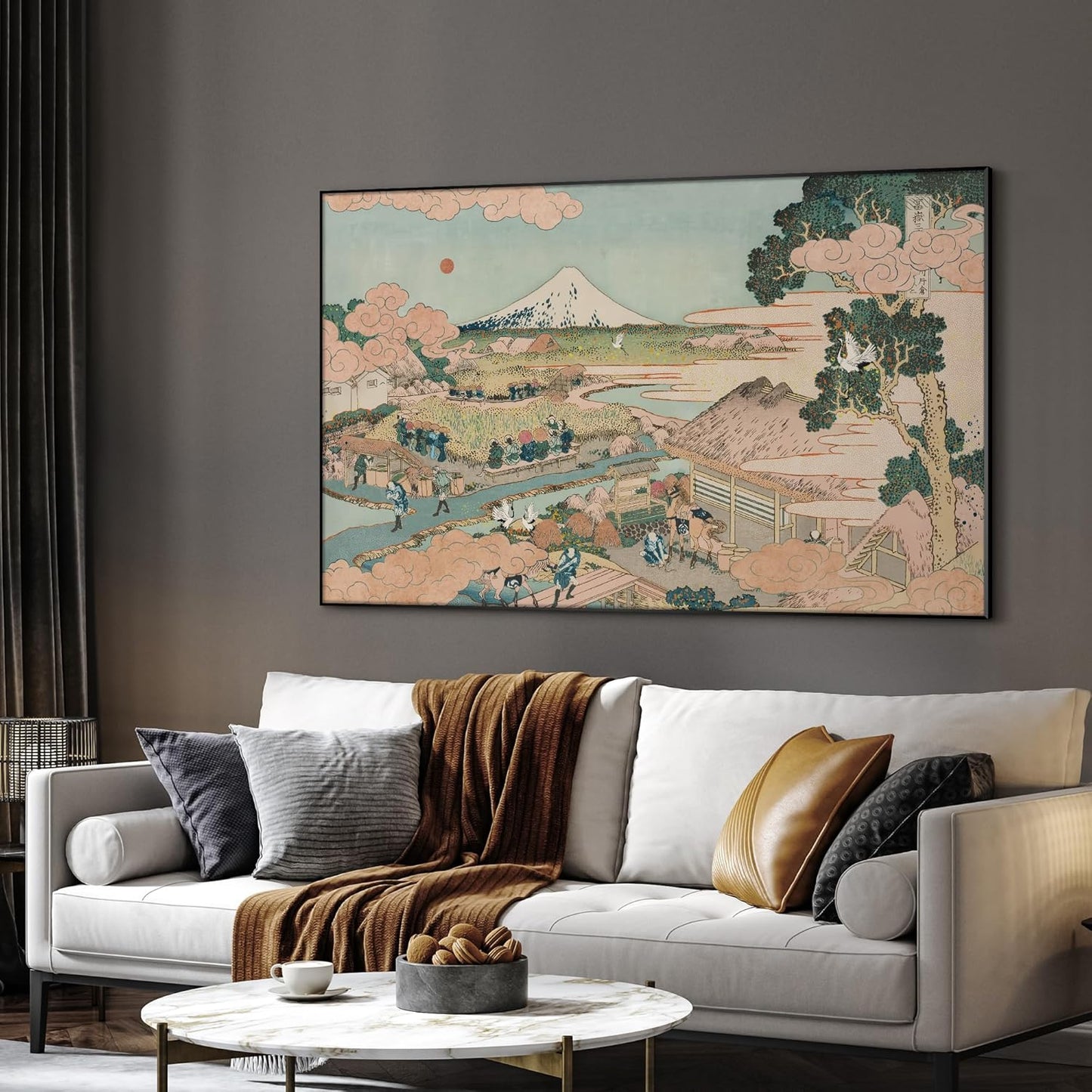 SIGNWIN 30"x60" Extra Large Framed Wall Art Japanese Ukiyo-e Landscape, Timeless Mt. Fuji Scene for Zen-Inspired or Asian-Style Interiors for Home Living Room Bedroom Decor (Frame Assembly Required)