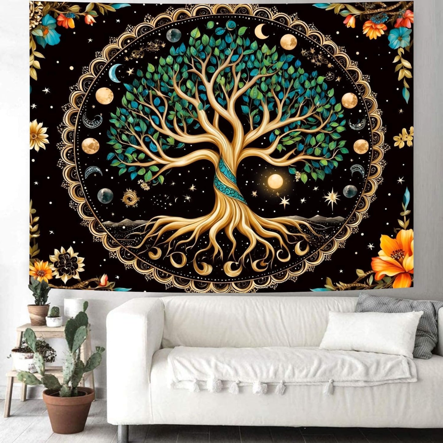 Delur Tree of Life Tapestry Moon Phase Nature Flower Plant Tapestry Wall Hanging Boho Mandala Spiritual Sun Aesthetic Psychedelic Headboard for Bedroom Living Room Home Decor (70.8" x 92.5")