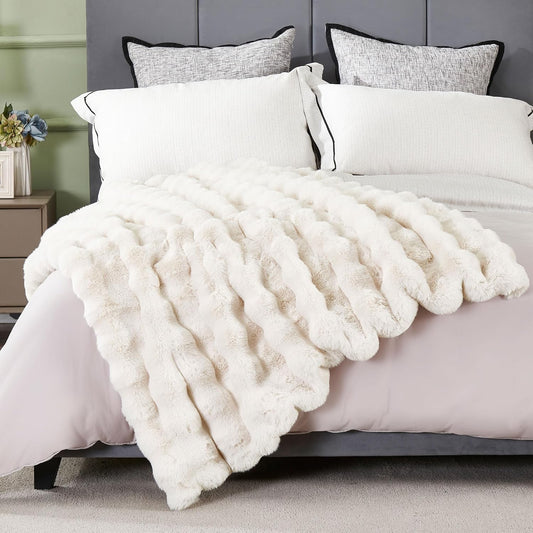 DREAMNINE Decorative Soft Bubble Fuzzy Faux Rabbit Fur Throw Blanket for Couch 50" x 60",Reversible Thick Plush Warm Fluffy Blankets for Winter, Luxury Cute Cozy Comfy Shaggy Furry Blanket,Cream White