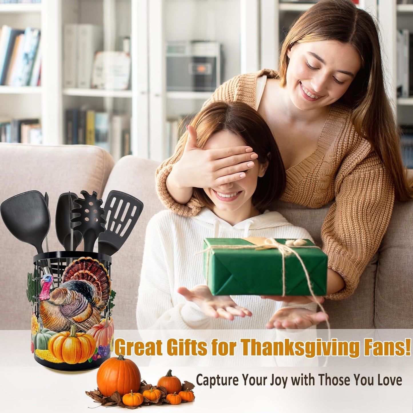 Thanksgiving Turkey Utensil Holder, Thanksgiving Turkey Pumpkin Kitchen Decor Utensil Organizer for Countertop, Fall Metal Cooking Tools Farmhouse Counter Decor, Kitchen Gifts Utensil Caddy Harvest