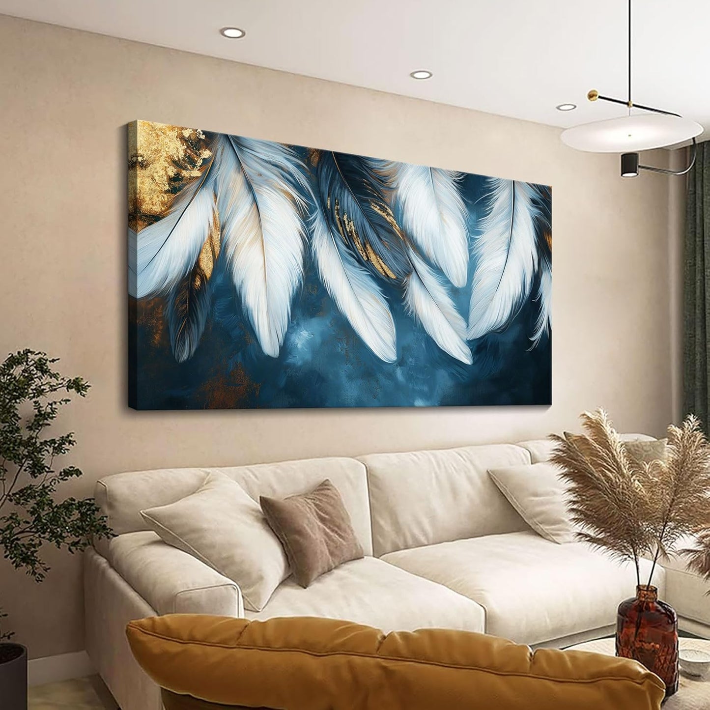 Mofutinpo Blue and Gold Wall Art Navy Blue Decor for Living Room Feather Canvas Art Wall Decor, Blue Bedroom Wall Decor Above Bed Pictures Wall Painting - Artwork for Walls 24×48IN