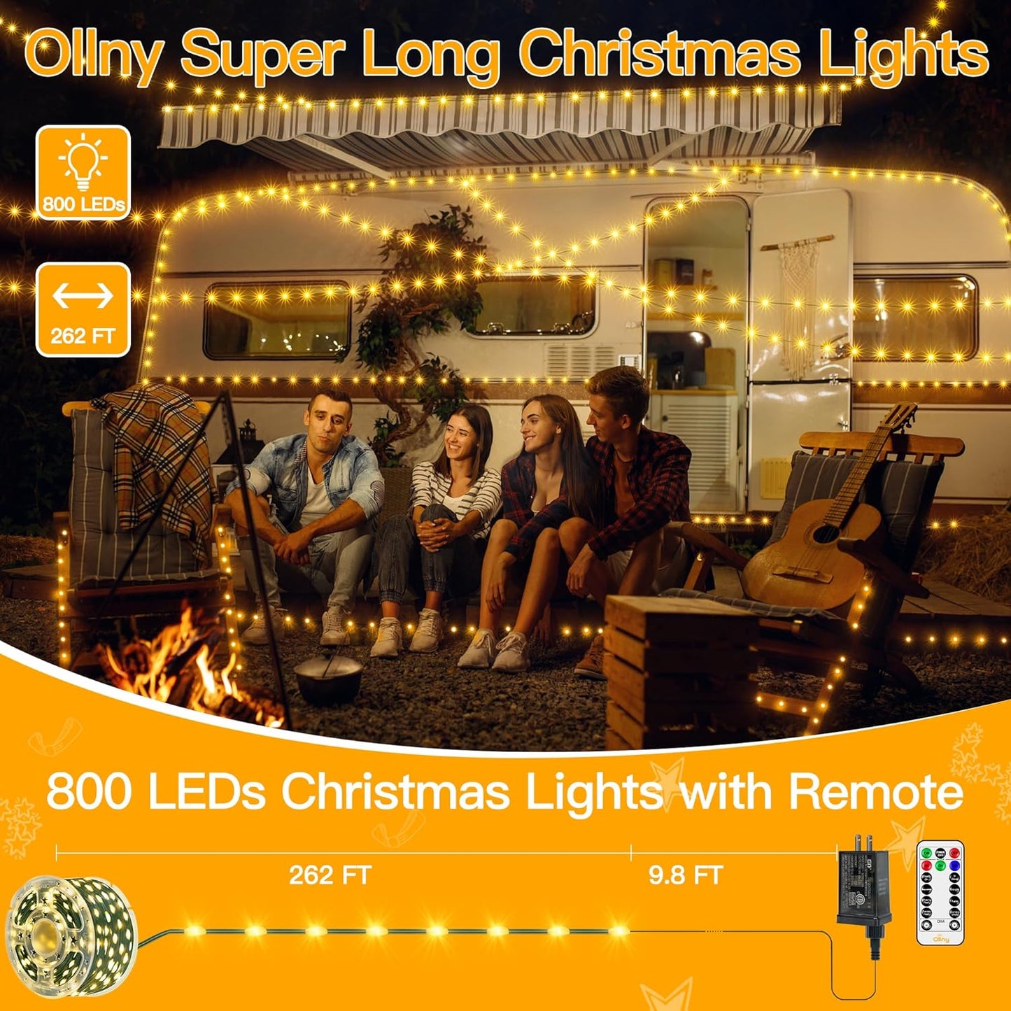 Ollny Christmas Lights 800 LED 262 FT Plug in, IP67 Waterproof Green Wire Outdoor Christmas Lights with Remote, 8 Modes and Timer Outdoor String Light for House Indoor Xmas Decorations (Warm White)