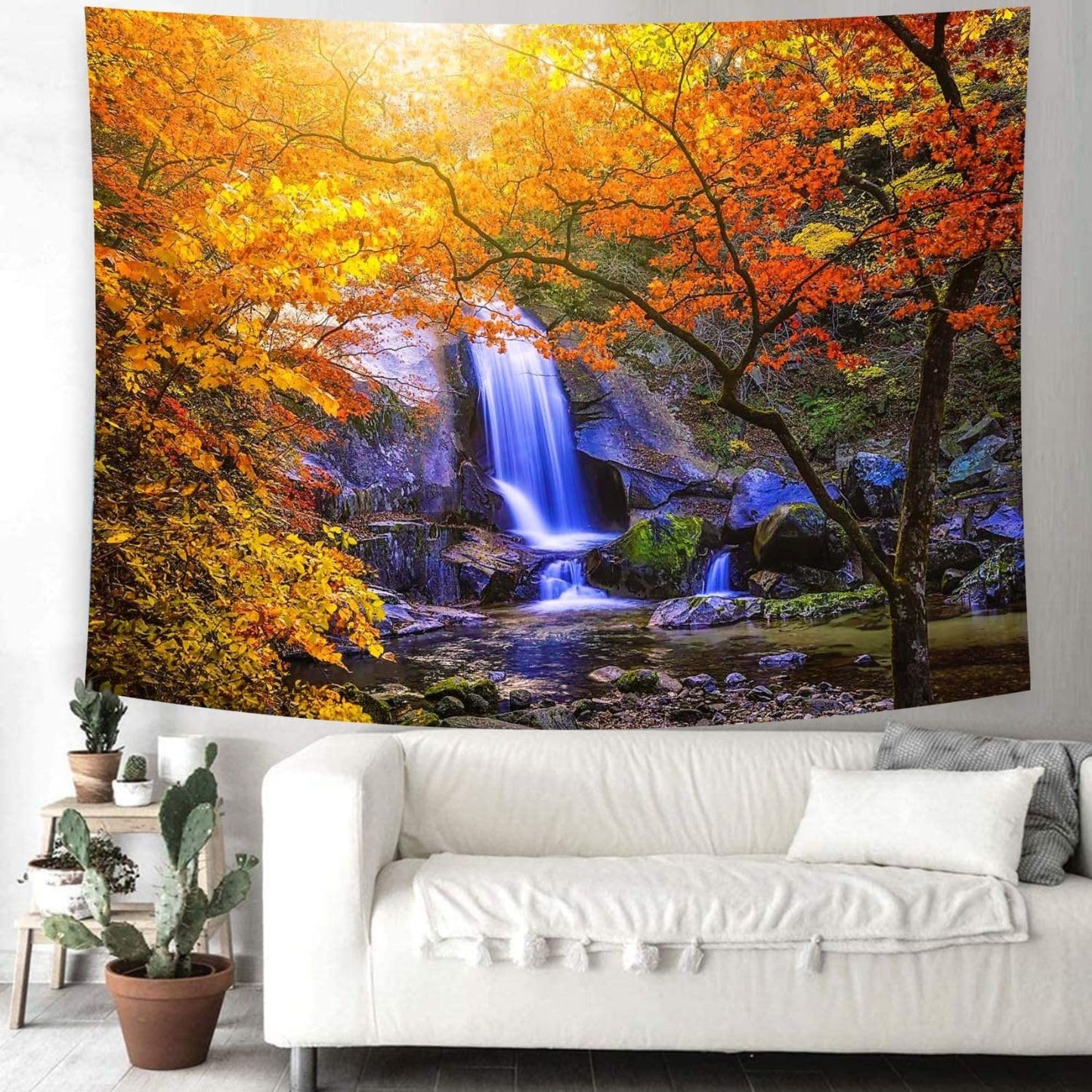 Delur Waterfall Tapestry Forest Nature Scenic Tree Mountain Sunset Tapestry Wall Hanging Natural Landscape Sunrise Headboard for Bedroom Living Room Home Decor (51.2" x 59.1")