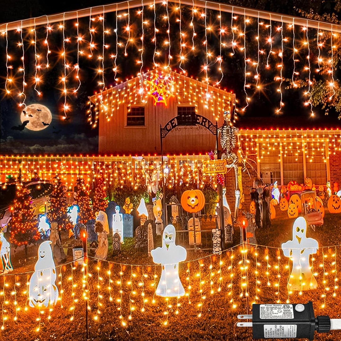 Orange Halloween Lights Outdoor Indoor, 66ft Icicle Lights for Outside, 640 LED Twinkle String Lights with 120 Drops Clear Wire Short Curtain Lights for Room Home Wall Bedroom Decor