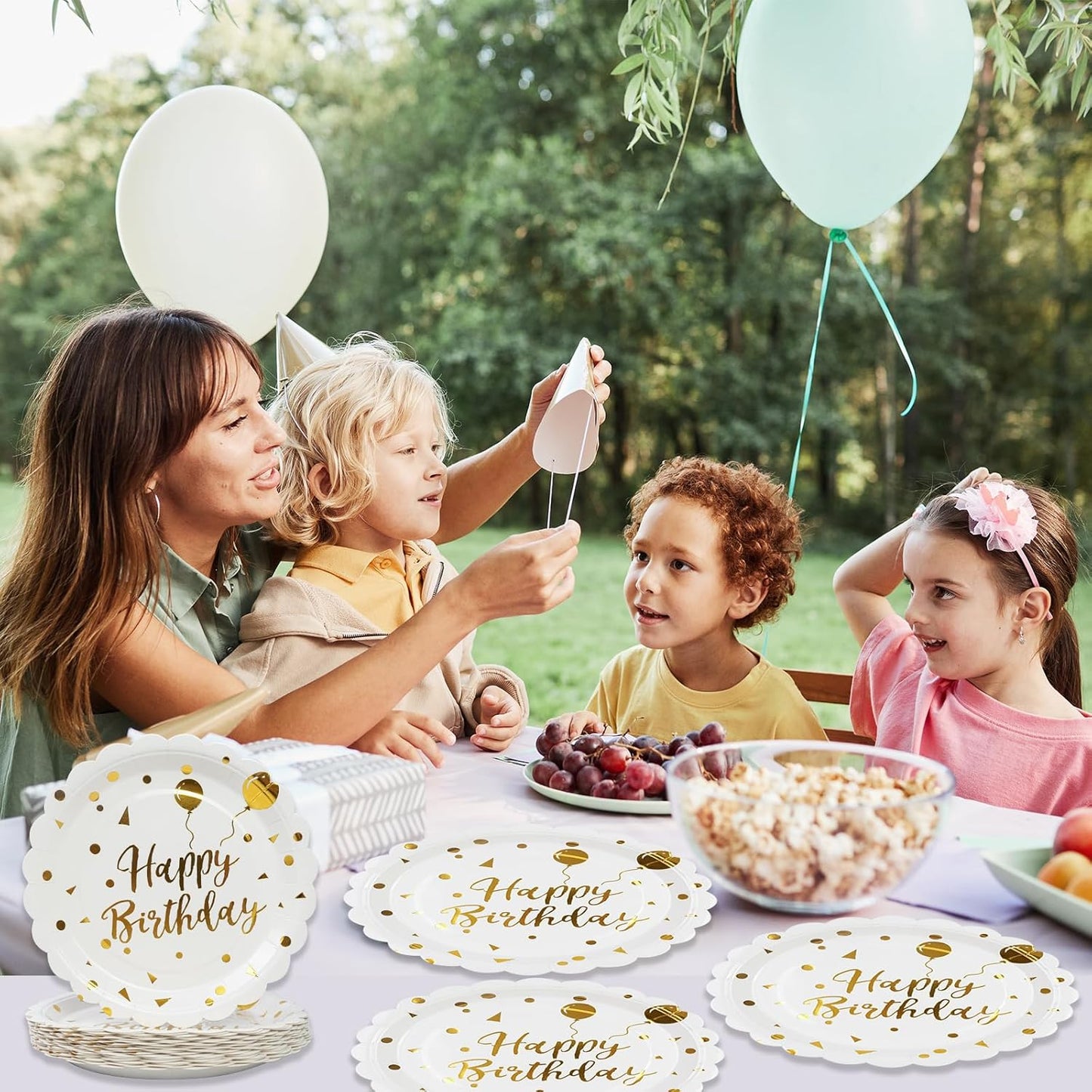 50PCS Happy Birthday Paper Plates - 7 Inch Birthday Cake Plates Scalloped White and Gold Dessert Plate Disposable Decorative Party Tableware Decorations for Birthday's Party Supplies