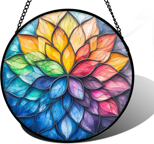 Stained Glass Window Hanging, Colorful Flower Petals Sun Catchers Diamond Glass Panel Hangings Suncatcher Decor for Birthday for Women, Men, Wife, Aunt, and Mom 11.8x11.8 in