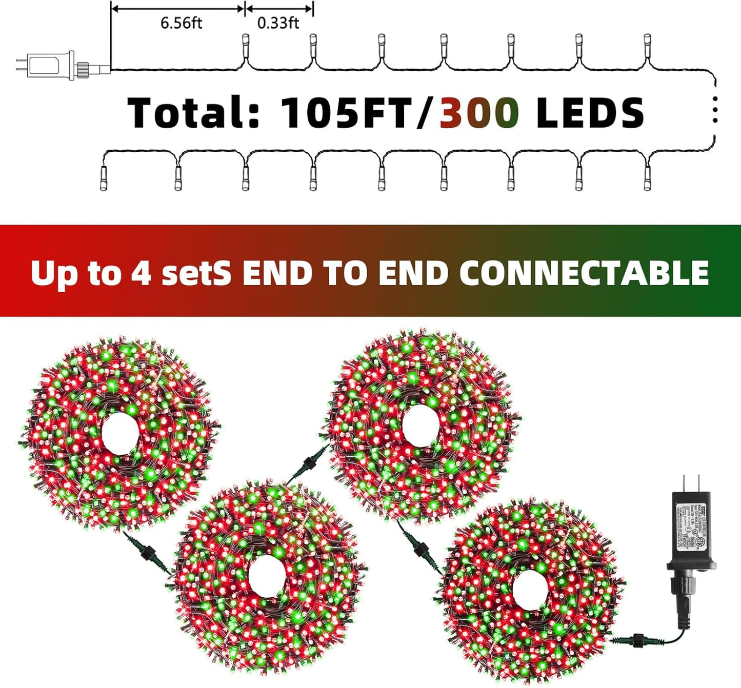 XTF2015 Christmas String Lights, 105ft 300 LED Christmas Lights 8 Modes Memory Function & Timer- UL Certified - Outdoor Indoor Christma s Fairy Lights for Tree, Garden, Party, Wedding(Red + Green)