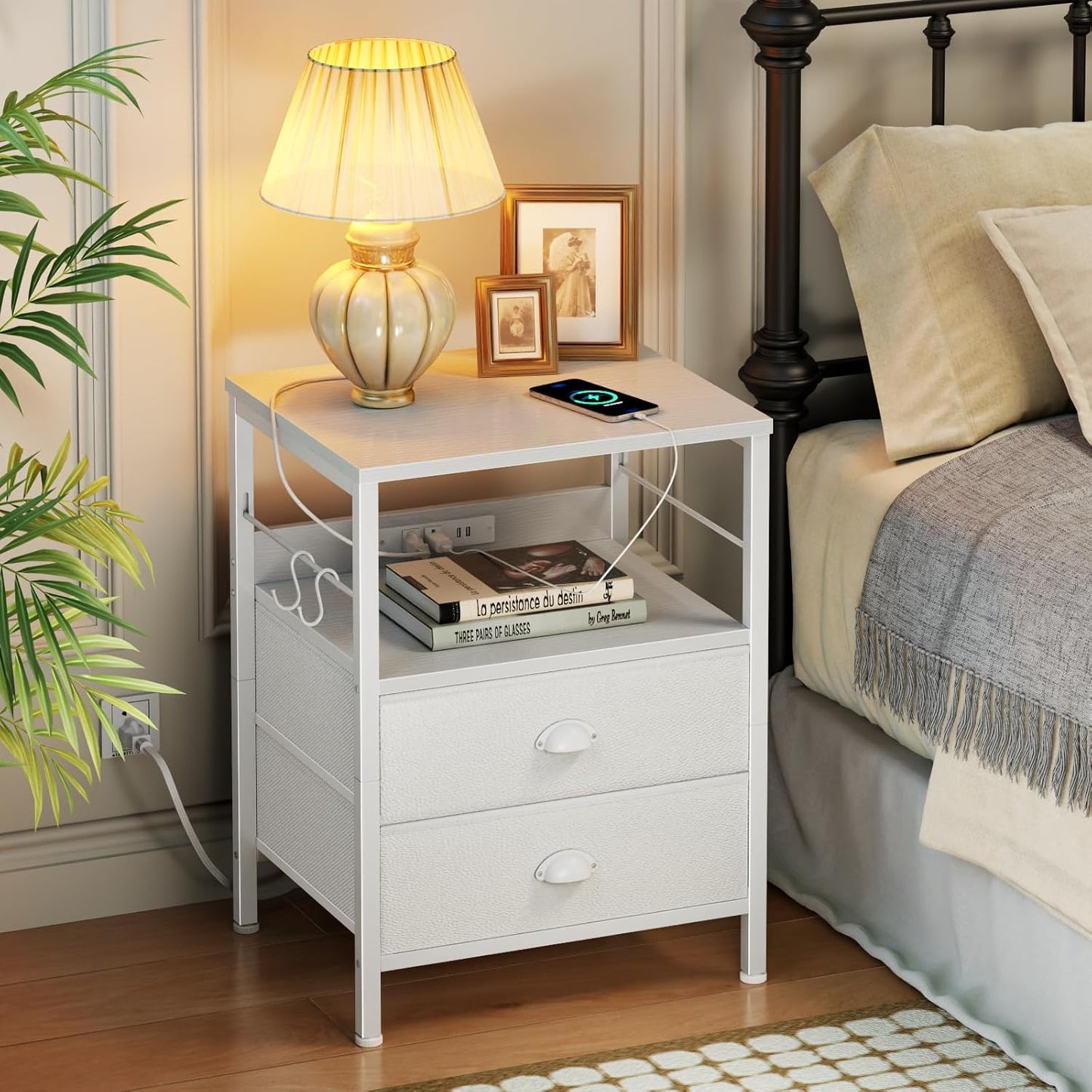 Furologee Night Stand with Charging Station, Bedside Table with Fabric Drawers, End Table with USB Ports & Outlets, White Nightstand with Storage Shelf & Hooks, for Living Room/Bedroom, White