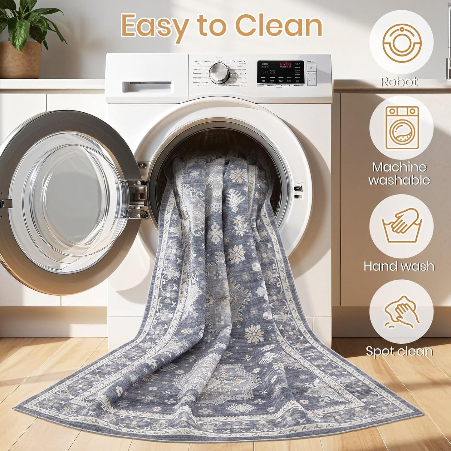 Washable Area Rugs for Living Room -9x12 Neutral Vintage Distressed Floral Farmhouse Boho Large Soft Floor Rug Indoor Non Slip Carpet for Living Room Bedroom Dining Room Office - Denim Blue/Grey