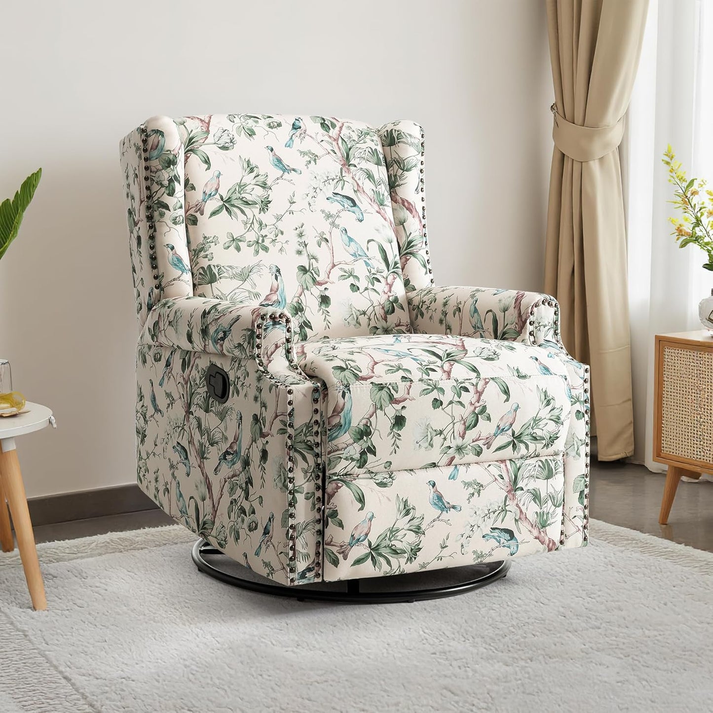 UIXE Swivel Rocker Manual Recliner Chairs Set of 2, Wingback Swivel Glider Fabric Nursery Reclining Sofa Chair, High Back Upholstered Arm Chair for Living Room Bedroom - Bird Pattern