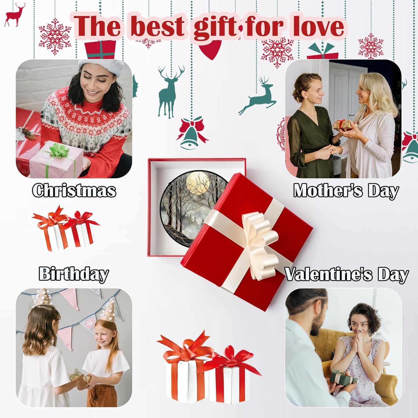 Stained Glass Window Hanging - Black and White Gold Moon Forest Sun Catcher for Door Home Decor Suncatcher Christmas Mother's Day Birthday Gifts for Women Men Lovers Mom Nana 7.8 in