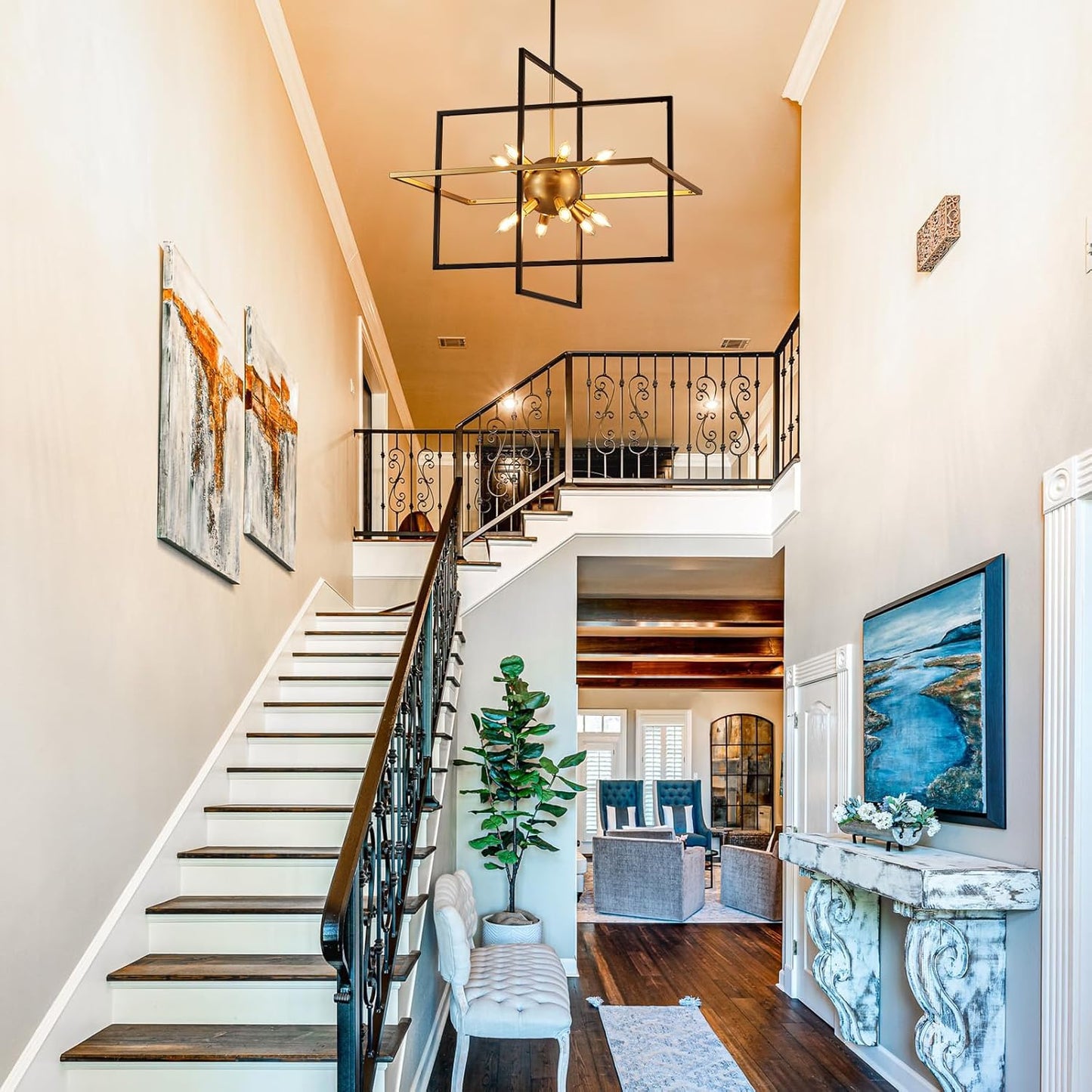 31.5'' Large Modern Lantern Chandeliers, 12-Light Black Gold Geometric Pendant Light Fixture, Industrial Hanging Chandelier for Entryway Foyer Hallway Dining Room, Kitchen Island