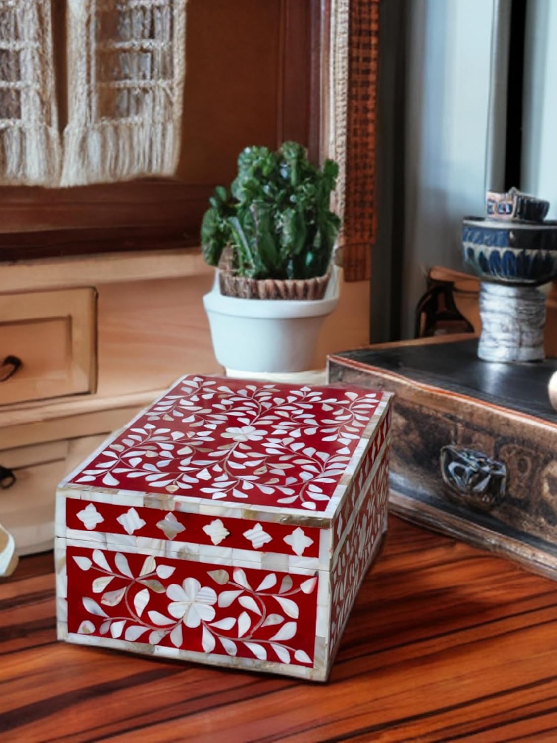 Decorative Wooden Storage Box with Mother of Pearl Inlay – Elegant Floral Design – Perfect for Home Décor in Living Room, Dining Area, or Bedroom (Red, 12x8x5 inches)
